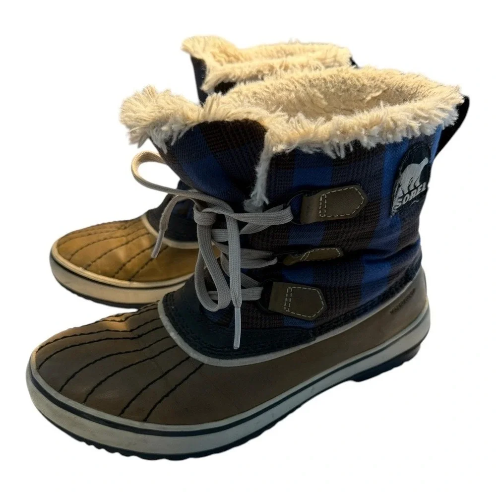 Sorel Winter Fancy Camp Waterproof Plaid Faux‎ Fur Boots Blue Brown 7.5